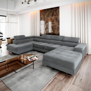 WOHNLANDSCHAFT CASONE L-S Grau Velours-Stoff mit Schlaffunktion Textil MASSENO Möbel > Sofas & Couches > Wohnlandschaften > Wohnlandschaften U-Form Grau