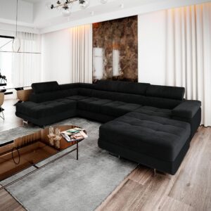 wohnli-moebel-suche-800000646865-1 WOHNLANDSCHAFT CASONE L-S Schwarz Velours-Stoff mit Schlaffunktion Textil MASSENO Möbel > Sofas & Couches > Wohnlandschaften > Wohnlandschaften U-Form Schwarz