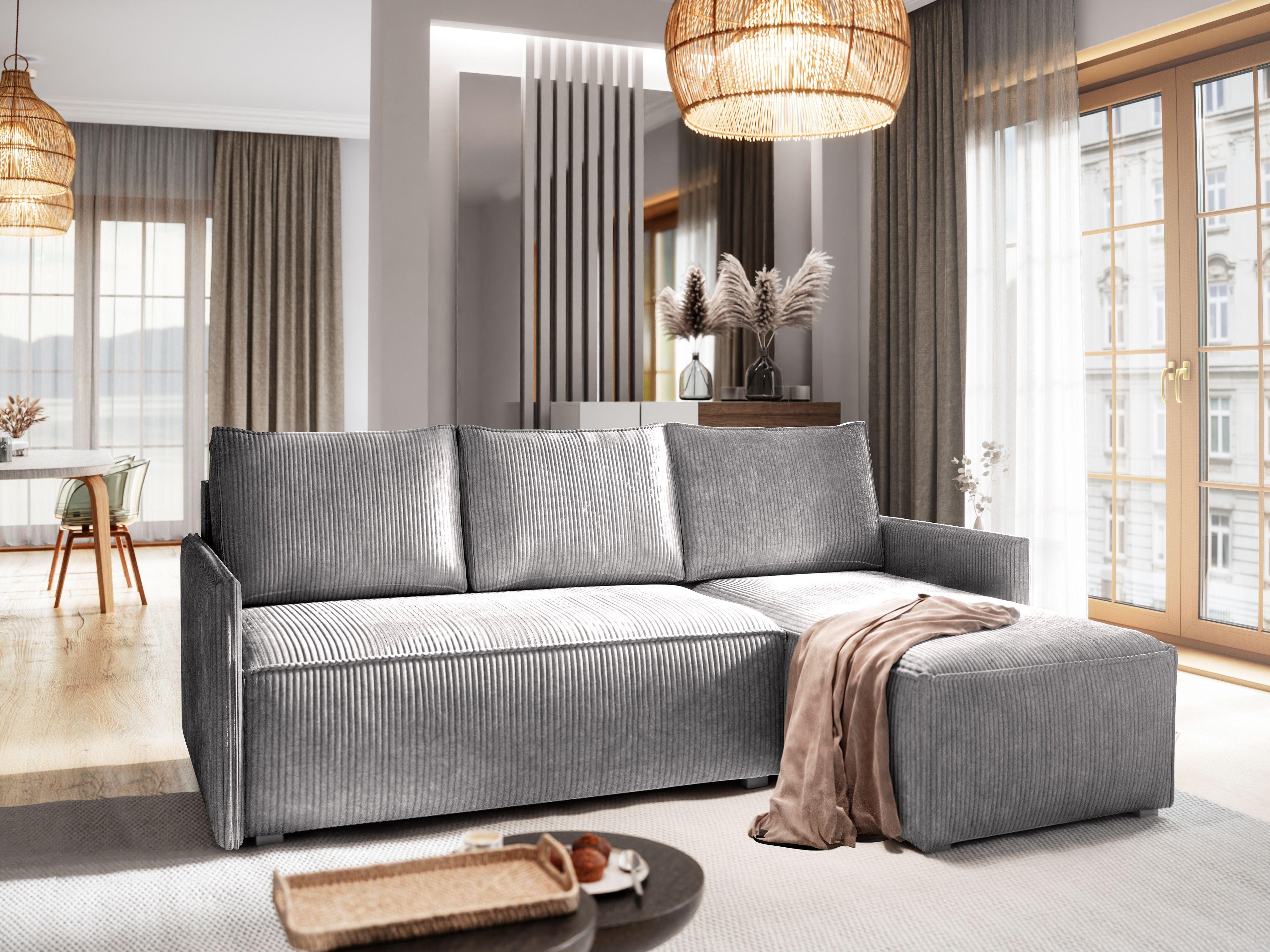 wohnli-moebel-suche-800000646923-1 ECKSOFA PERUSI Hellgrau Kordstoff mit Schlaffunktion Textil MASSENO Möbel > Sofas & Couches > Wohnlandschaften > Ecksofas Grau