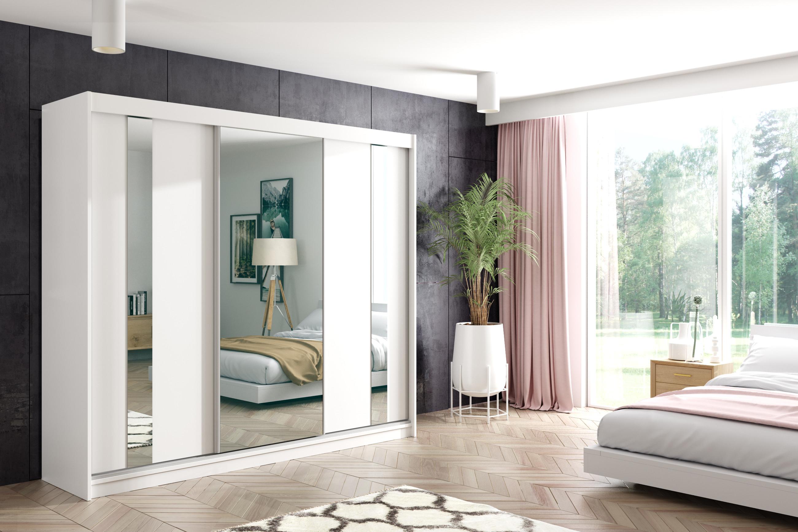 wohnli-moebel-suche-800000647325-1 KLEIDERSCHRANK mit Spiegel-Schiebetüren und Aluminium-Leisten - GRACE - 180 cm Weiß Holzwerkstoff ALTDECOR Möbel > Schränke > Kleiderschränke > Schwebetürenschränke Weiß