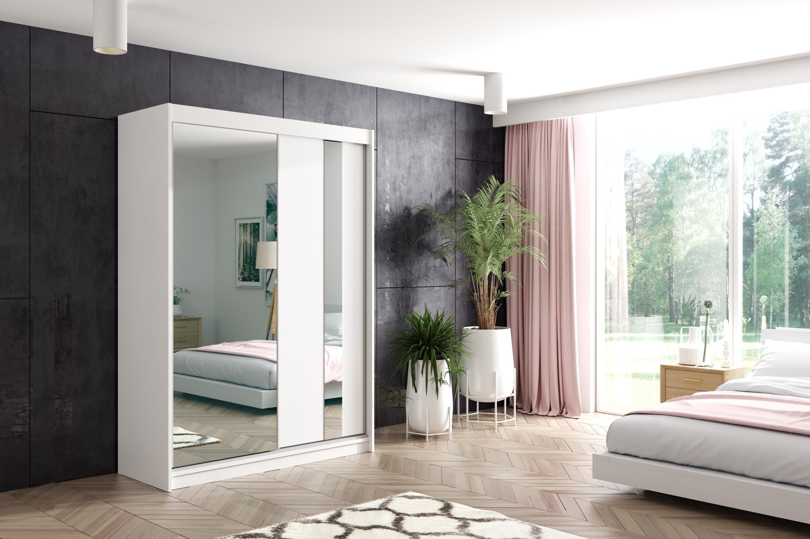 wohnli-moebel-suche-800000647326-1 KLEIDERSCHRANK mit Spiegel-Schiebetüren und Aluminium-Leisten - GRACE - 120 cm Weiß Holzwerkstoff ALTDECOR Möbel > Schränke > Kleiderschränke > Schwebetürenschränke Weiß