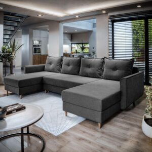wohnli-moebel-suche-800000647398-1 WOHNLANDSCHAFT VERNI Grau Plüsch-Stoff mit Schlaffunktion Textil MASSENO Möbel > Sofas & Couches > Wohnlandschaften > Wohnlandschaften U-Form Grau