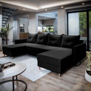 wohnli-moebel-suche-800000647409-1 WOHNLANDSCHAFT VERNI Schwarz Plüsch-Stoff mit Schlaffunktion Textil MASSENO Möbel > Sofas & Couches > Wohnlandschaften > Wohnlandschaften U-Form Schwarz