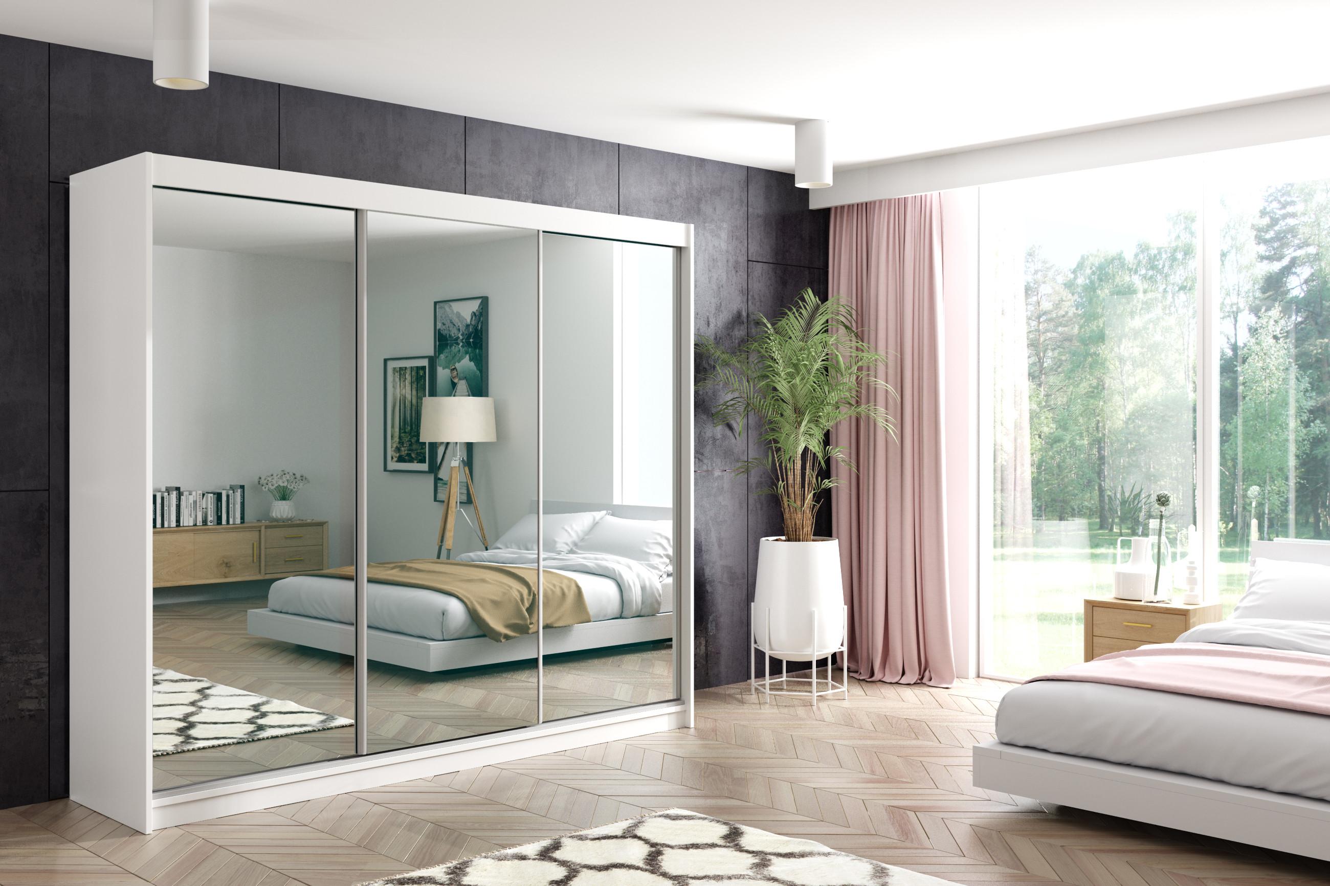 wohnli-moebel-suche-800000647533-1 KLEIDERSCHRANK mit Spiegel-Schiebetüren und Aluminium-Leisten - DEBI - 240 cm Weiß Holzwerkstoff ALTDECOR Möbel > Schränke > Kleiderschränke > Schwebetürenschränke Weiß