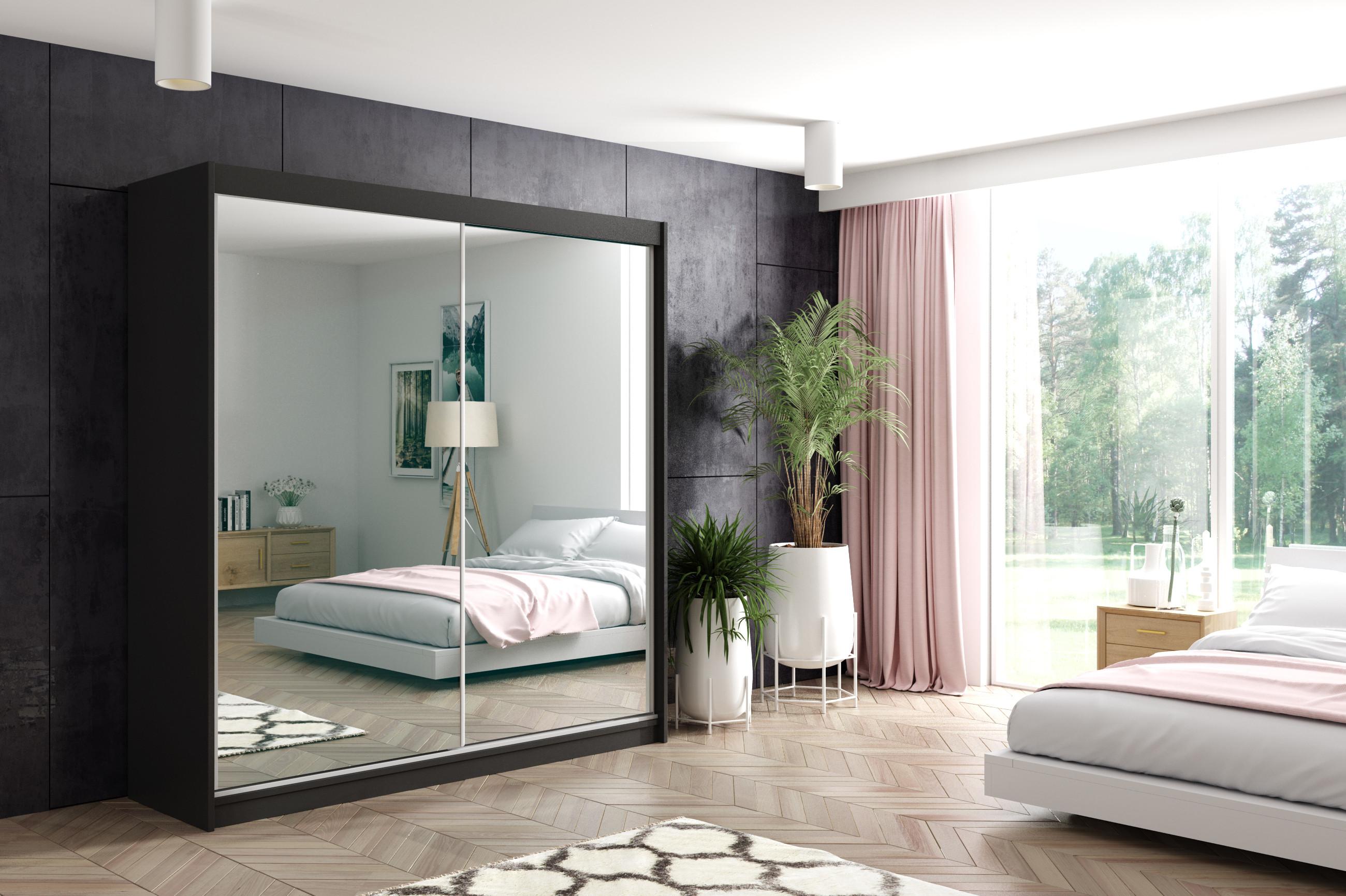 wohnli-moebel-suche-800000647535-1 KLEIDERSCHRANK mit Spiegel-Schiebetüren und Aluminium-Leisten - DEBI - 200 cm Schwarz Holzwerkstoff ALTDECOR Möbel > Schränke > Kleiderschränke > Schwebetürenschränke Schwarz