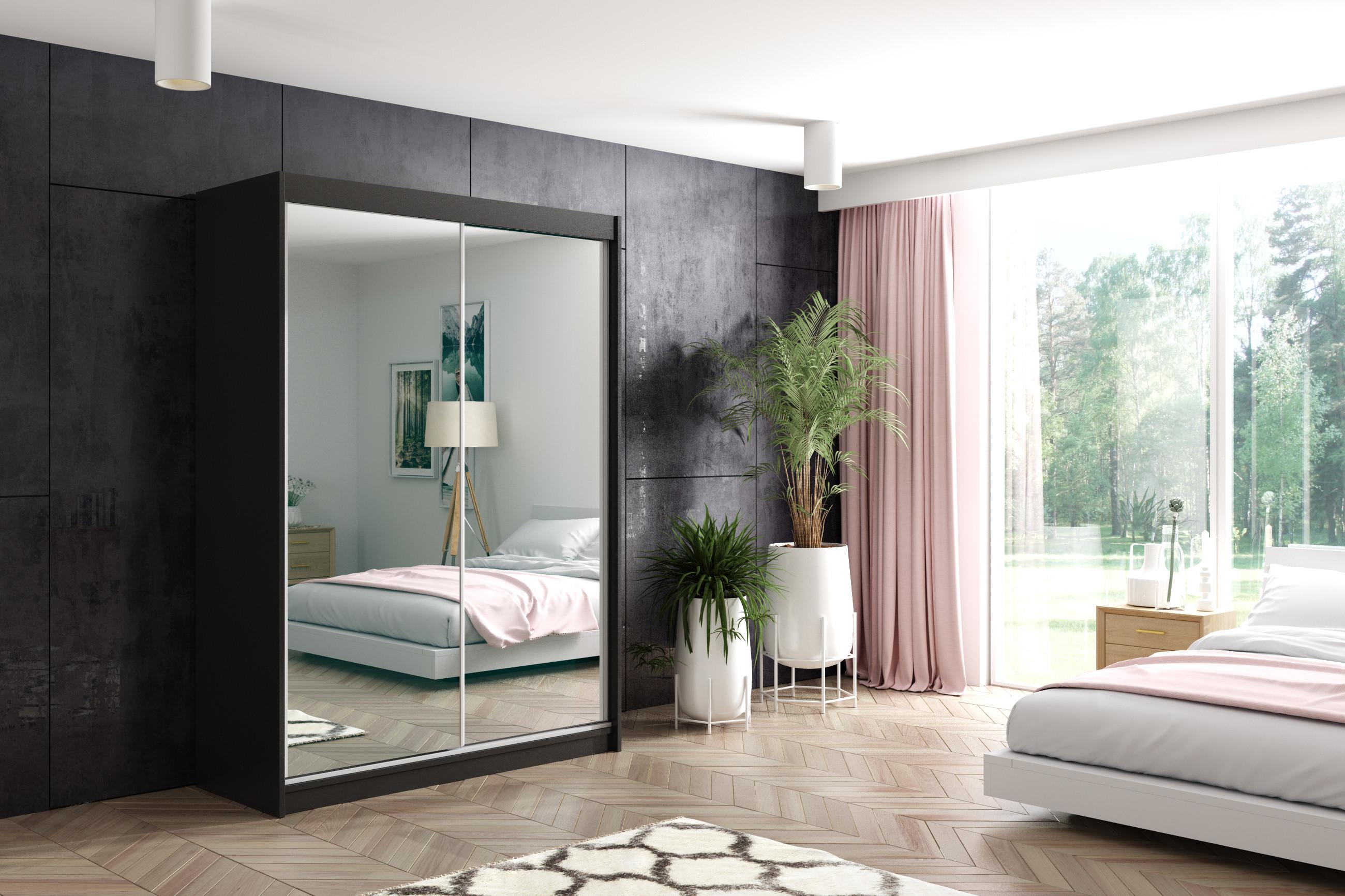 wohnli-moebel-suche-800000647540-1 KLEIDERSCHRANK mit Spiegel-Schiebetüren und Aluminium-Leisten - DEBI - 160 cm Schwarz Holzwerkstoff ALTDECOR Möbel > Schränke > Kleiderschränke > Schwebetürenschränke Schwarz
