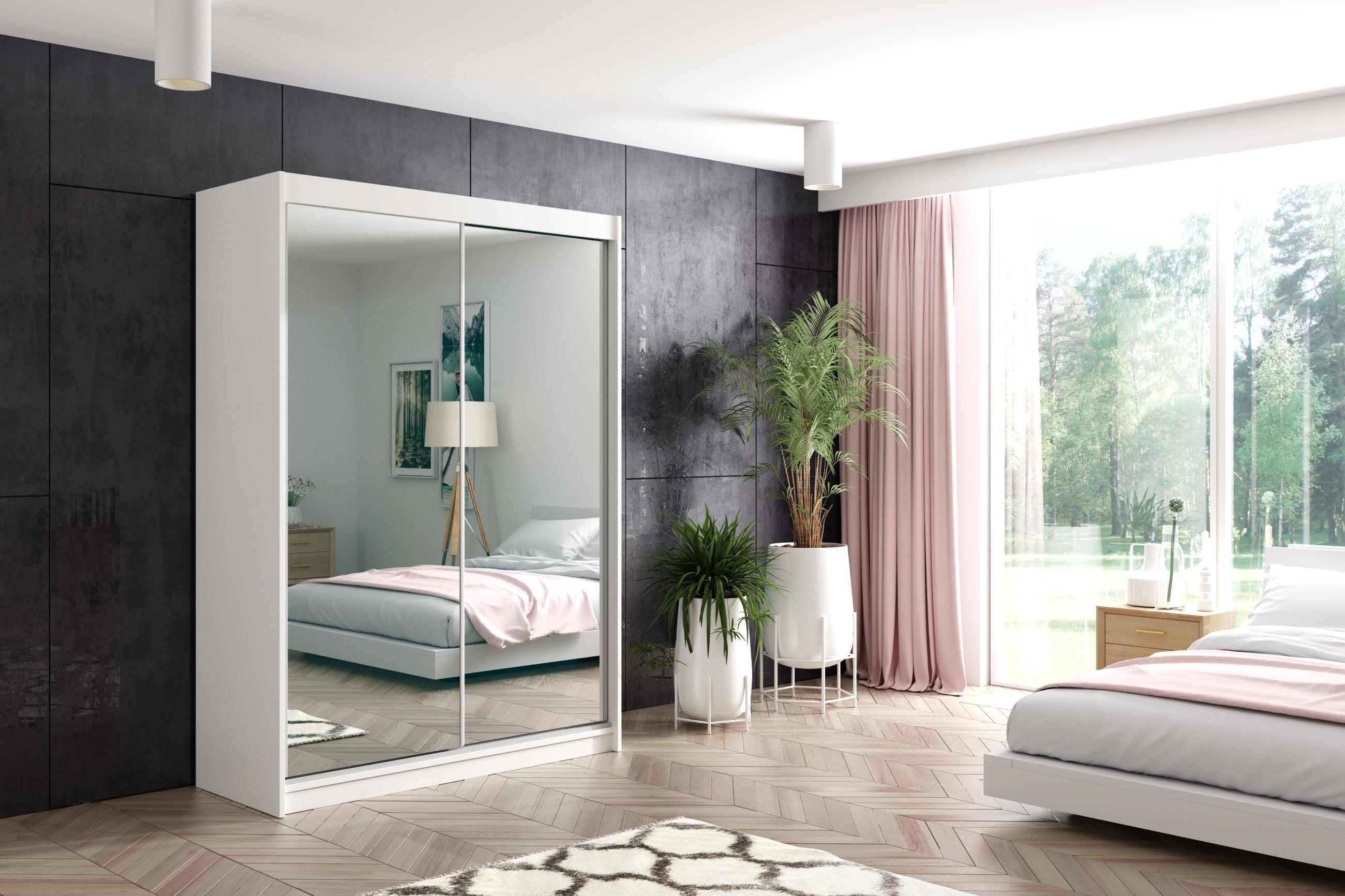 wohnli-moebel-suche-800000647542-1 KLEIDERSCHRANK mit Spiegel-Schiebetüren und Aluminium-Leisten - DEBI - 120 cm Weiß Holzwerkstoff ALTDECOR Möbel > Schränke > Kleiderschränke > Schwebetürenschränke Weiß