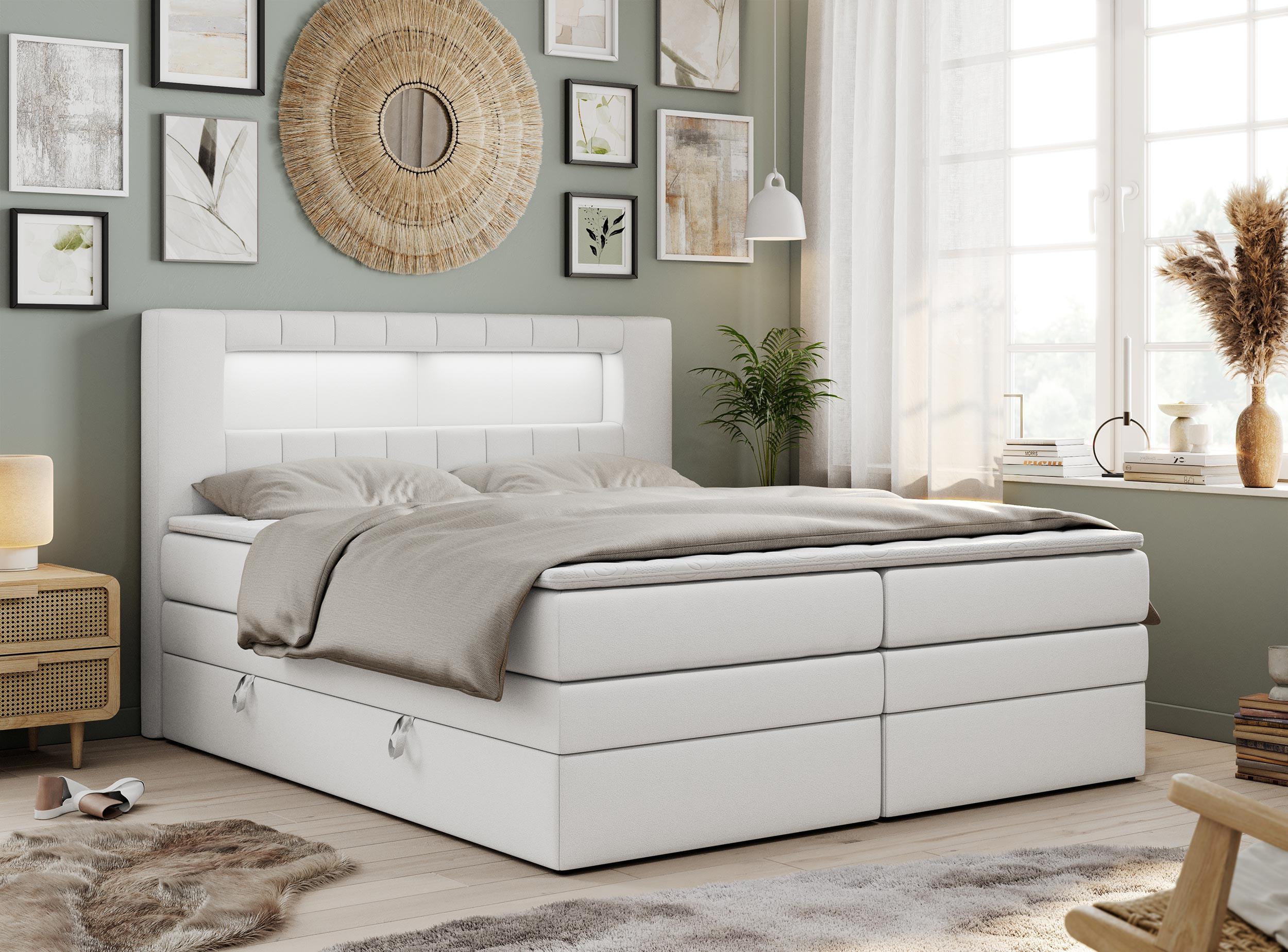 BOXSPRINGBETT GOLD-5 KING LED 180/200 Weiß Kunstleder - H3 Textil MKS Möbel > Betten > Boxspringbetten Weiß