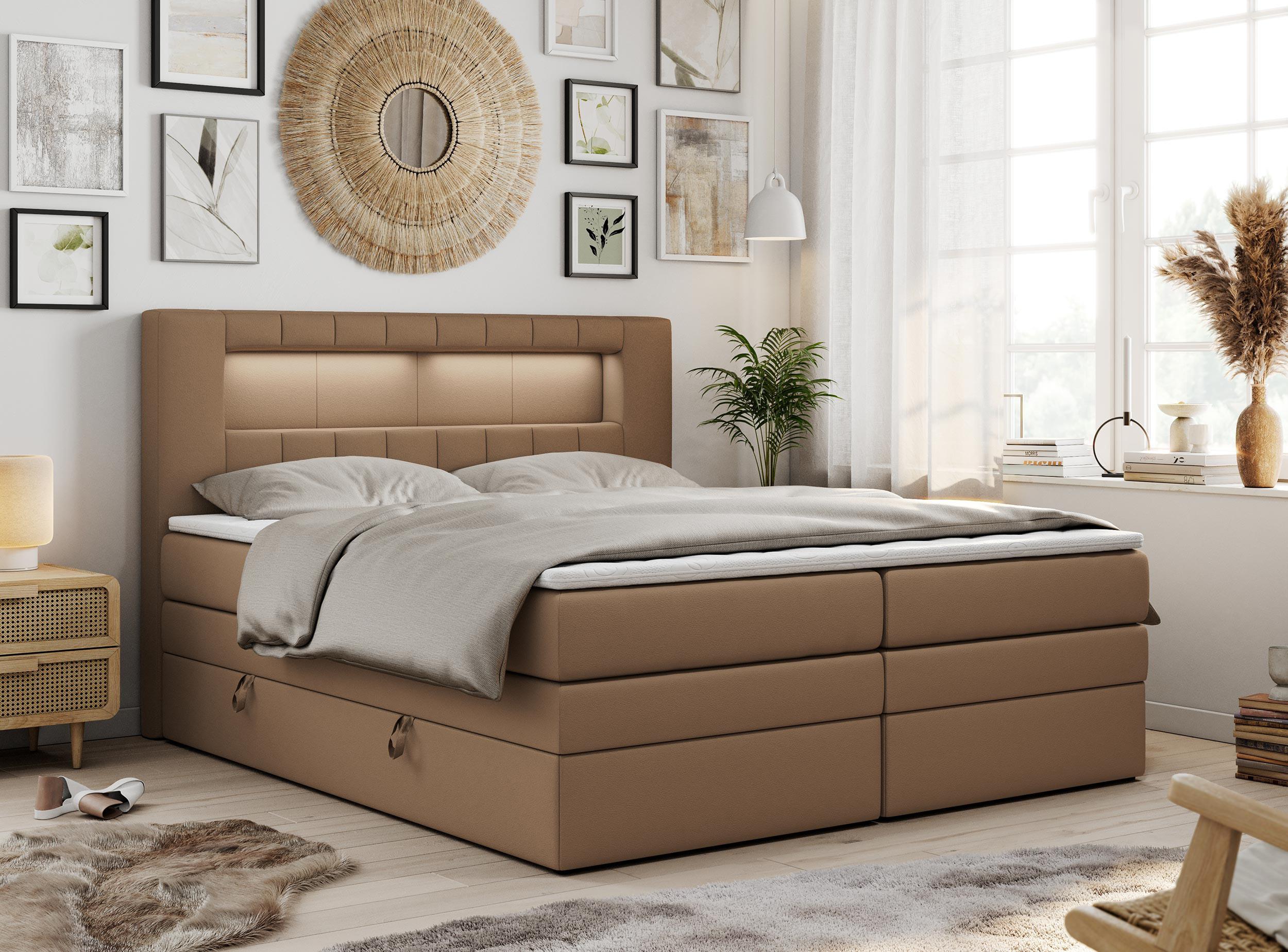 wohnli-moebel-suche-800000648157-1 BOXSPRINGBETT GOLD-5 KING LED 200/200 Braun Kunstleder - H3 Textil MKS Möbel > Betten > Boxspringbetten Braun
