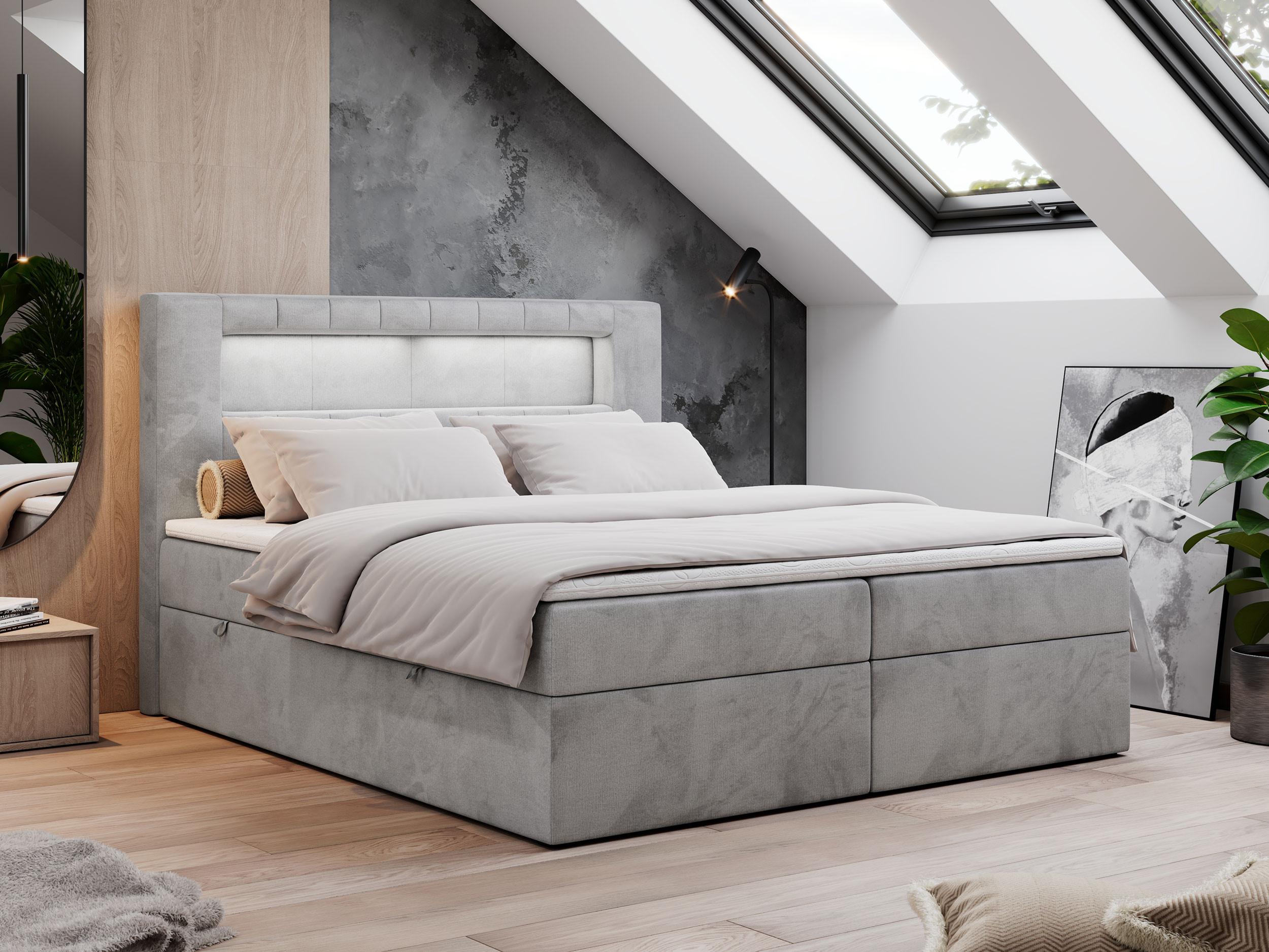 wohnli-moebel-suche-800000648195-1 BOXBETT GOLD-5 LED 140/200 Hellgrau Velvet - H3 Textil MKS Möbel > Betten > Boxspringbetten Grau