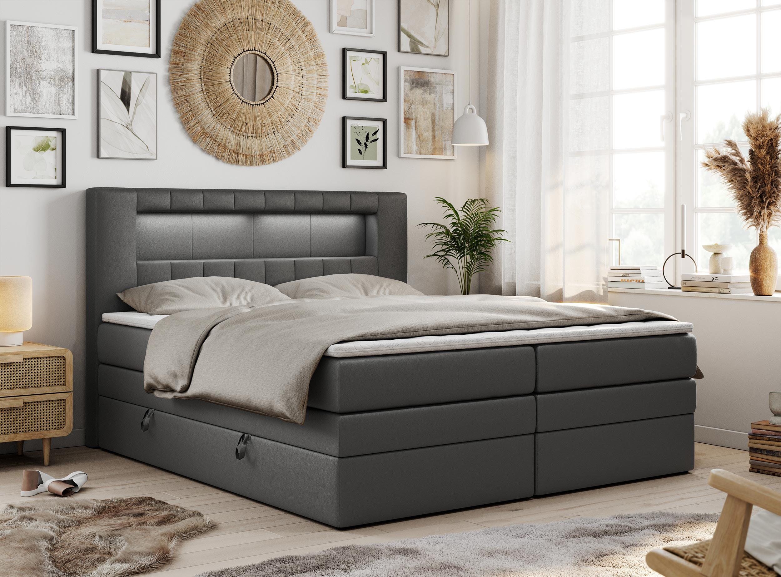 wohnli-moebel-suche-800000648211-1 BOXSPRINGBETT GOLD-5 KING LED 200/200 Dunkelgrau Kunstleder - H3 Textil MKS Möbel > Betten > Boxspringbetten Grau
