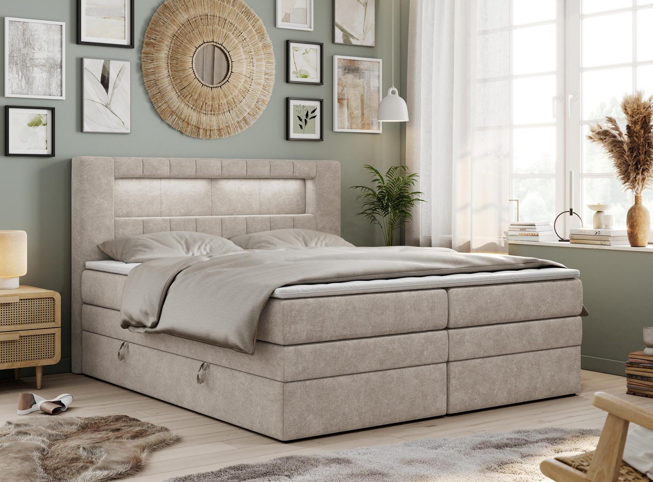 wohnli-moebel-suche-800000649892-1 BOXSPRINGBETT GOLD-5 KING LED 140/200 Beige Struktur - H4 Textil MKS Möbel > Betten > Boxspringbetten Beige