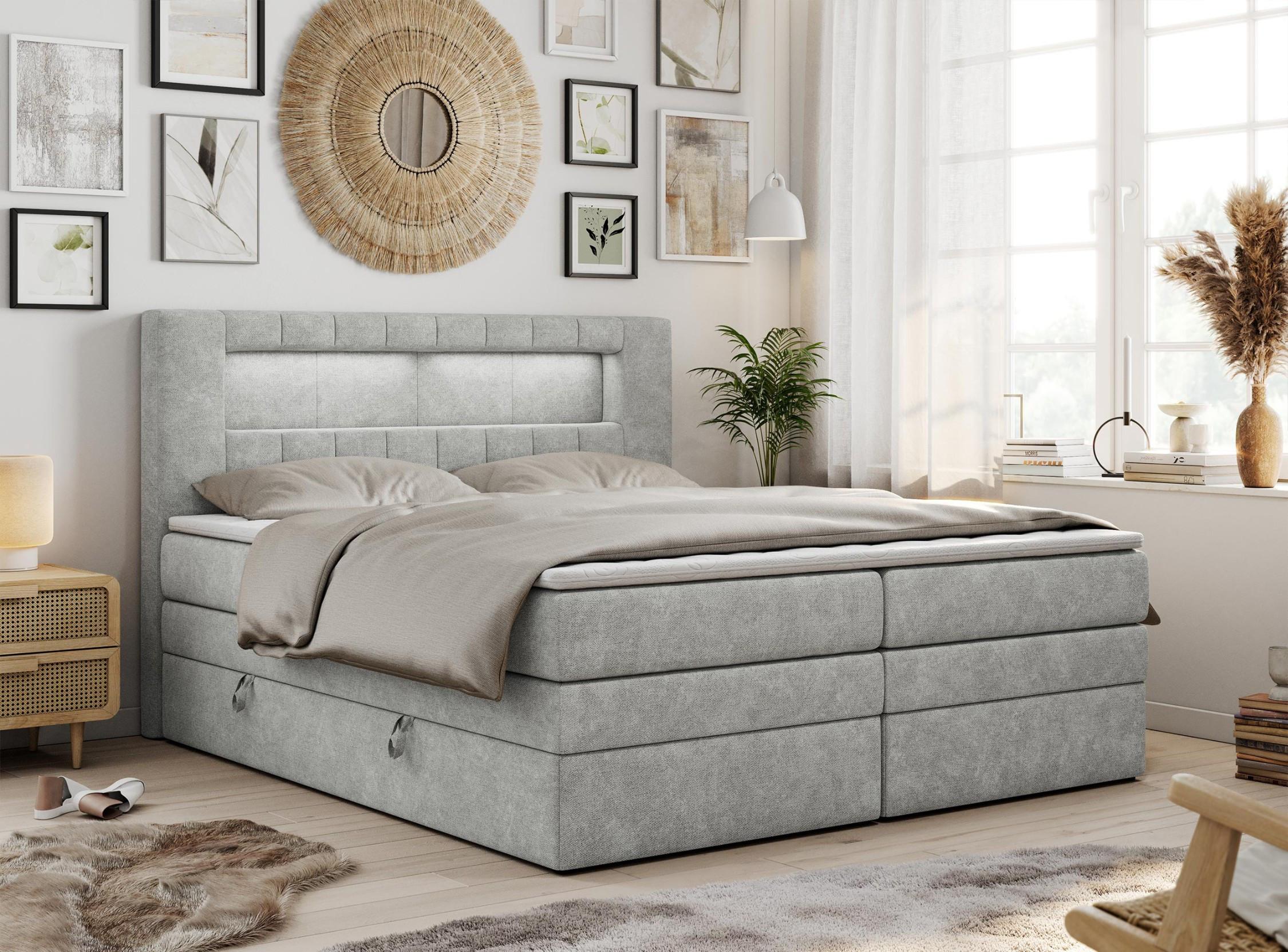 BOXSPRINGBETT GOLD-5 KING LED 200/200 Hellgrau Struktur - H3 Textil MKS Möbel > Betten > Boxspringbetten Grau