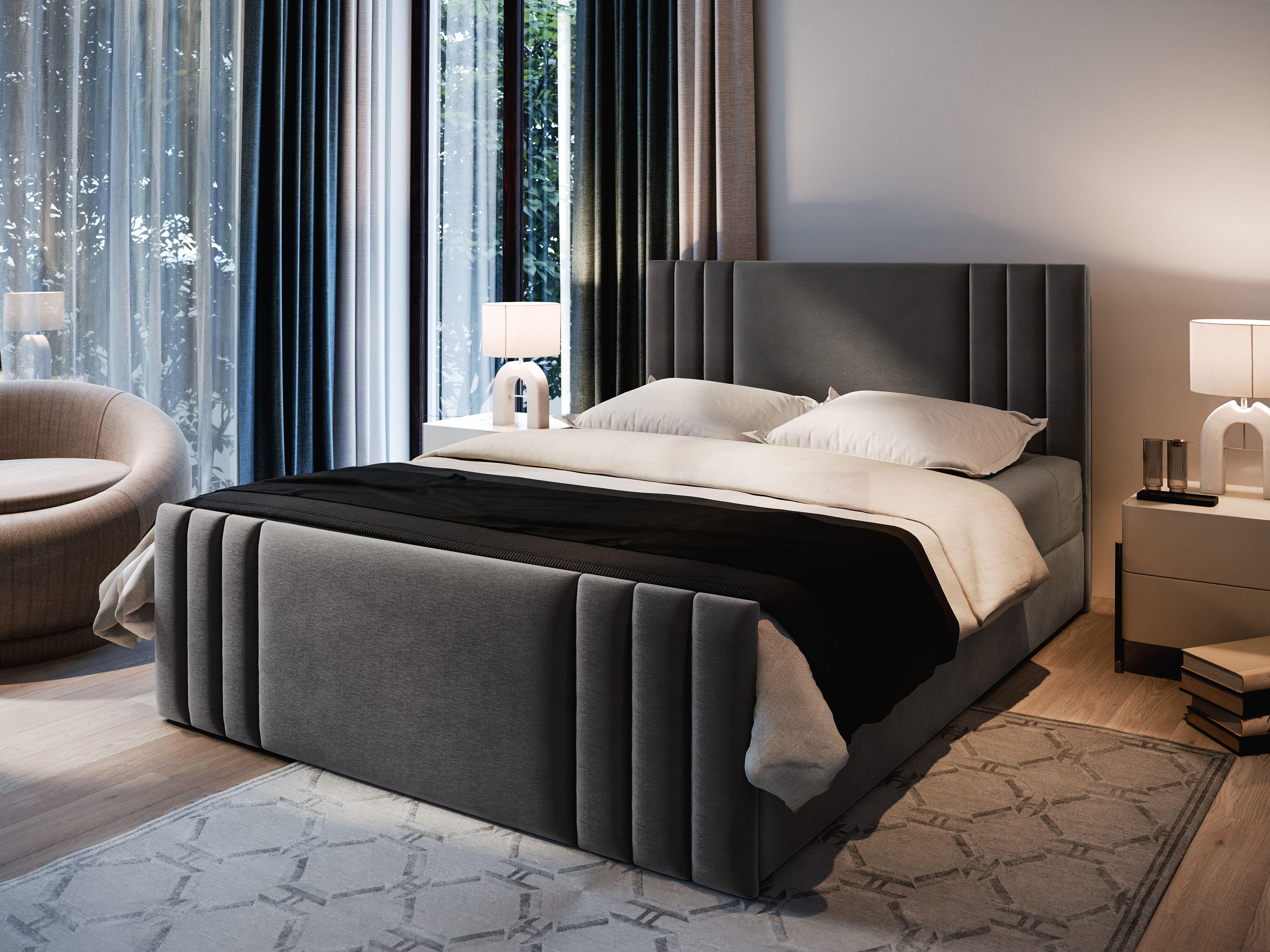 BOXBETT KANES 160x200 cm mit Matratze und Topper - Grau Holz MASSENO Möbel > Betten > Boxspringbetten Grau