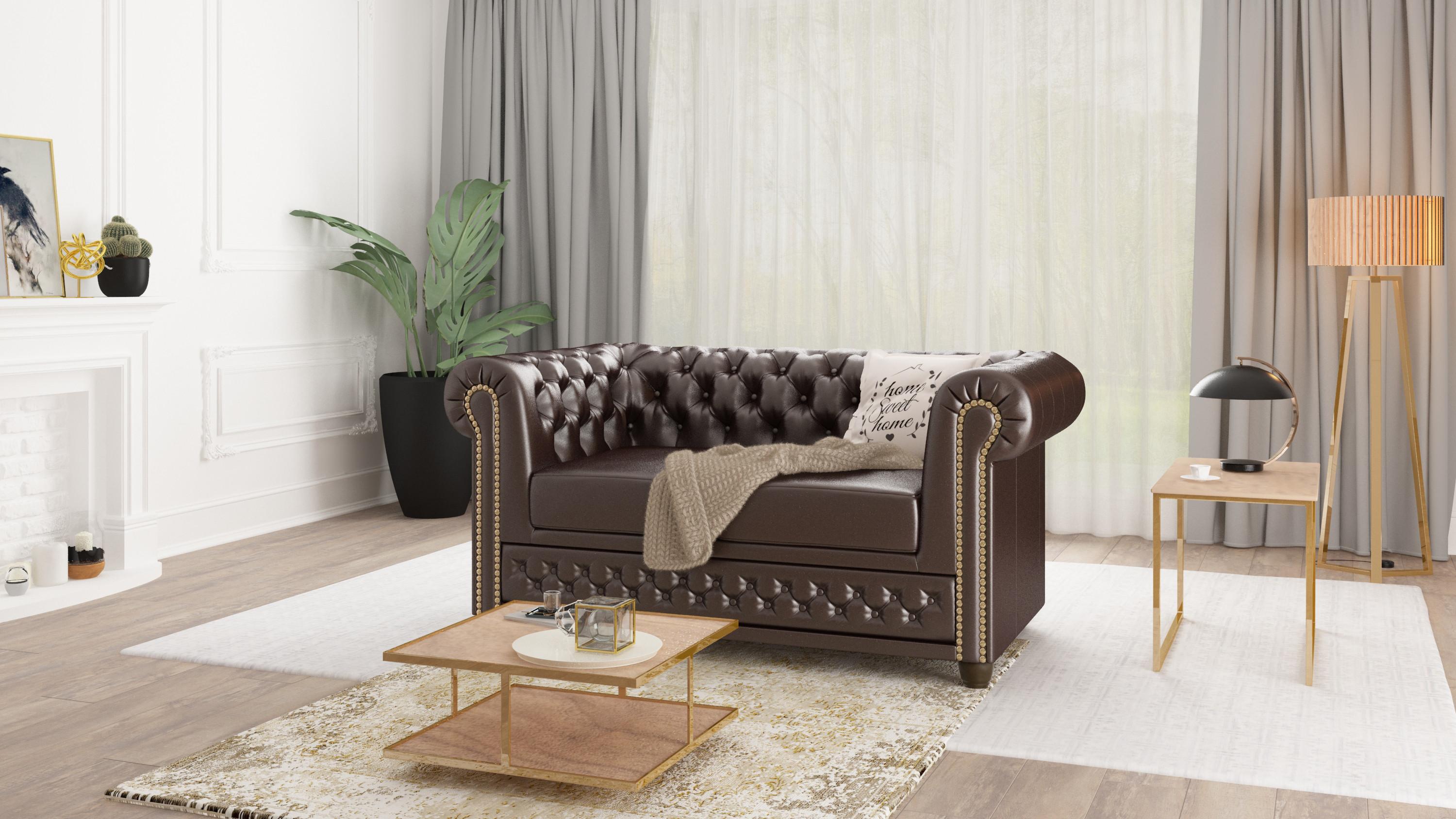 wohnli-moebel-suche-800000662428-1 CHESTERFIELD-SOFA 2-sitzer mit Schlaffunktion Morin Braun vegan Leder Textil S-Style Möbel Möbel > Sofas & Couches > Sofas Braun