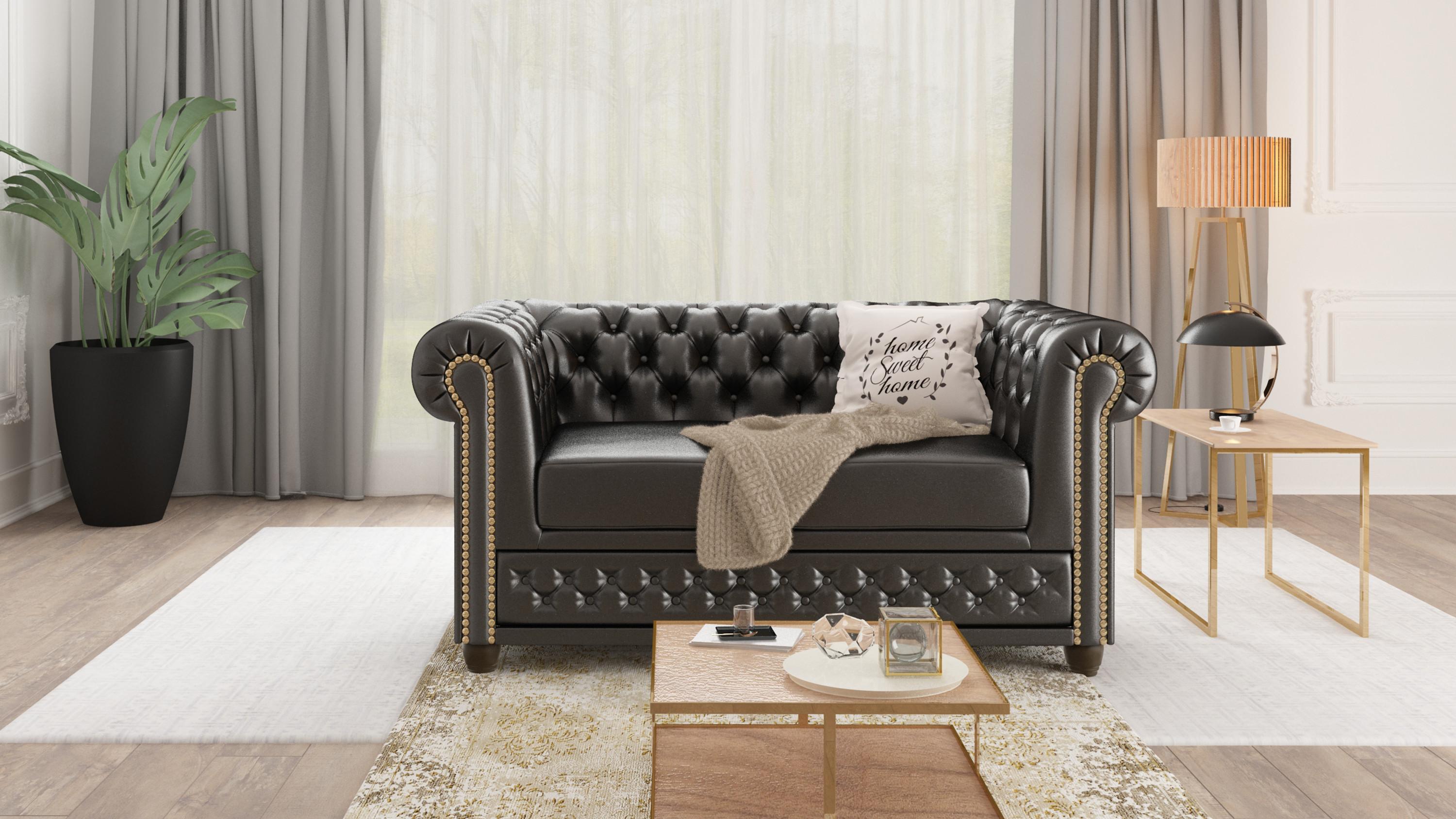 wohnli-moebel-suche-800000662435-1 CHESTERFIELD-SOFA 2-sitzer mit Schlaffunktion Morin Schwarz vegan Leder Textil S-Style Möbel Möbel > Sofas & Couches > Sofas Schwarz