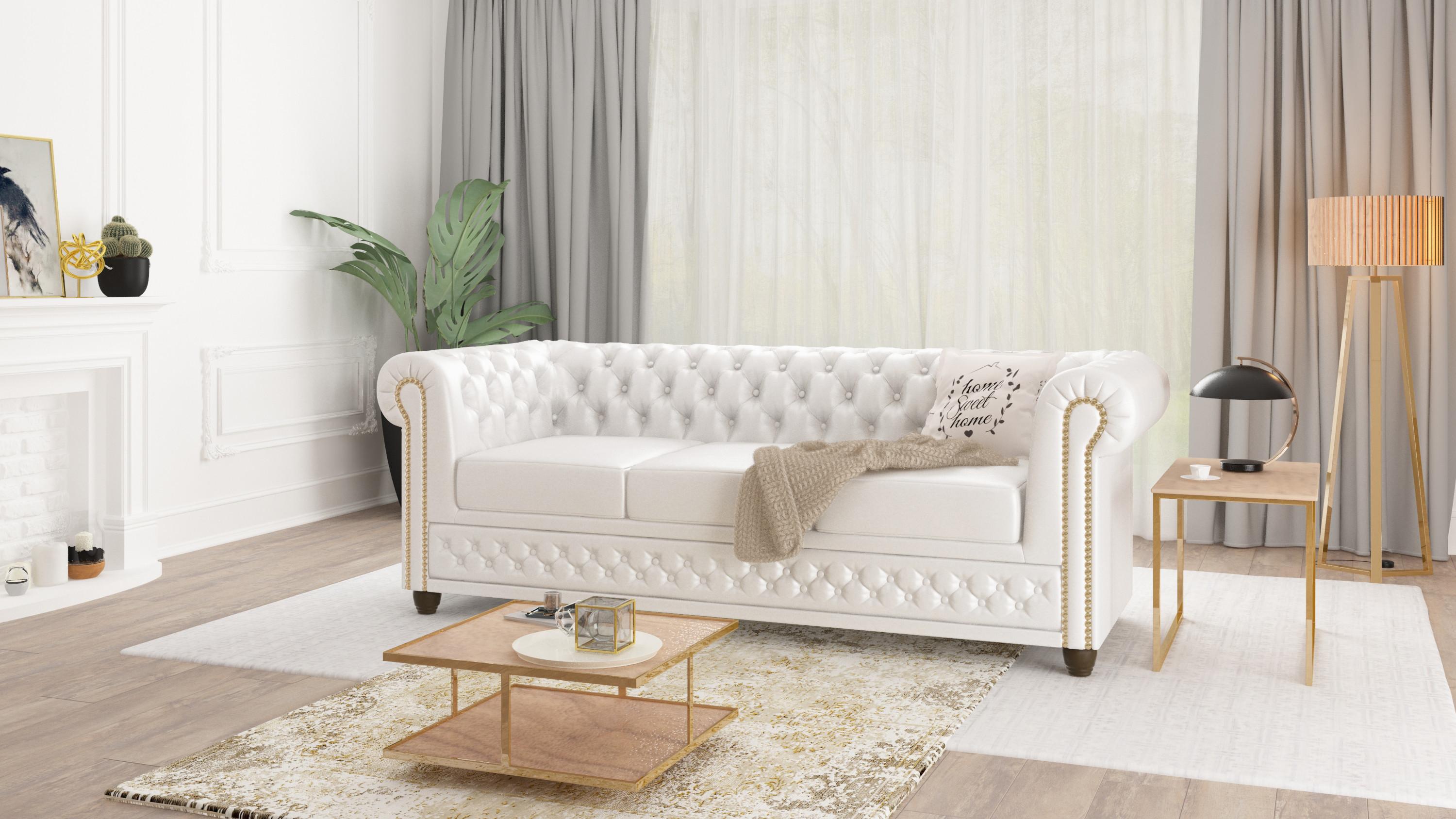 CHESTERFIELD-SOFA 3-sitzer mit Schlaffunktion Morin Weiß vegan Leder Textil S-Style Möbel Möbel > Sofas & Couches > Sofas Weiß