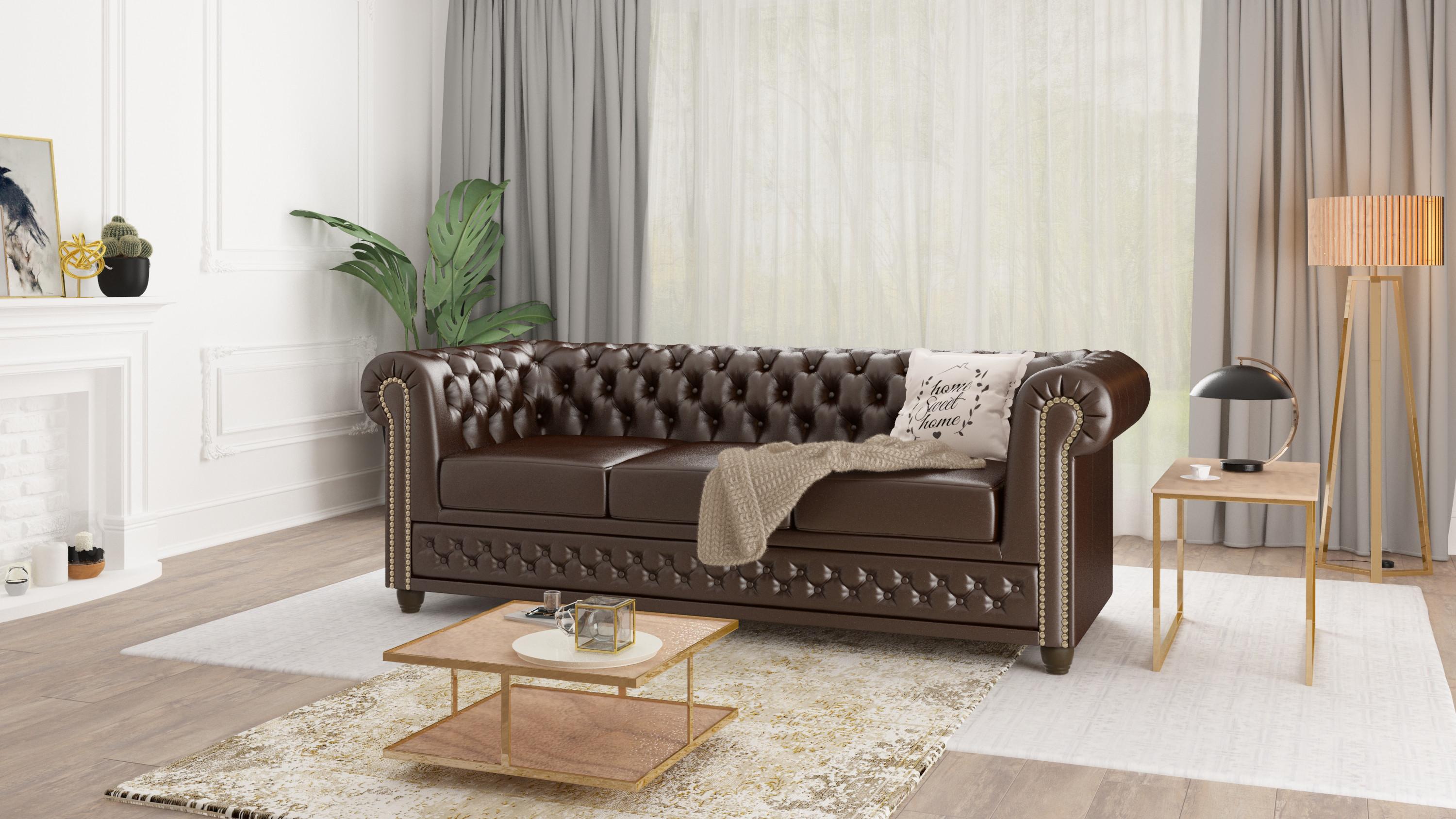wohnli-moebel-suche-800000662553-1 CHESTERFIELD-SOFA 3-sitzer mit Schlaffunktion Morin Braun vegan Leder Textil S-Style Möbel Möbel > Sofas & Couches > Sofas Braun