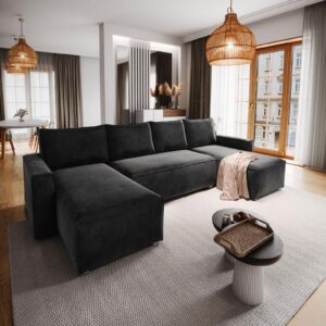 wohnli-moebel-suche-800000674347-1 WOHNLANDSCHAFT DENI Schwarz Velours-Stoff mit Schlaffunktion Textil MASSENO Möbel > Sofas & Couches > Wohnlandschaften > Wohnlandschaften U-Form Schwarz