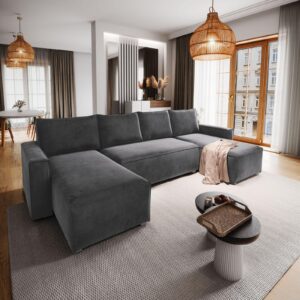 wohnli-moebel-suche-800000674362-1 WOHNLANDSCHAFT DENI Grau Velours-Stoff mit Schlaffunktion Textil MASSENO Möbel > Sofas & Couches > Wohnlandschaften > Wohnlandschaften U-Form Grau