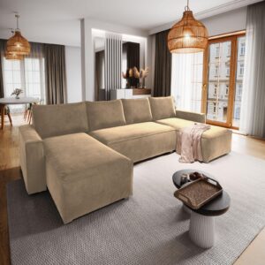 wohnli-moebel-suche-800000674366-1 WOHNLANDSCHAFT DENI Creme Velours-Stoff mit Schlaffunktion Textil MASSENO Möbel > Sofas & Couches > Wohnlandschaften > Wohnlandschaften U-Form Weiß