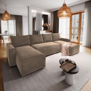 WOHNLANDSCHAFT DENI Beige Velours-Stoff mit Schlaffunktion Textil MASSENO Möbel > Sofas & Couches > Wohnlandschaften > Wohnlandschaften U-Form Beige