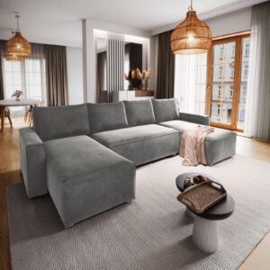 wohnli-moebel-suche-800000674379-1 WOHNLANDSCHAFT DENI Hellgrau Velours-Stoff mit Schlaffunktion Textil MASSENO Möbel > Sofas & Couches > Wohnlandschaften > Wohnlandschaften U-Form Grau