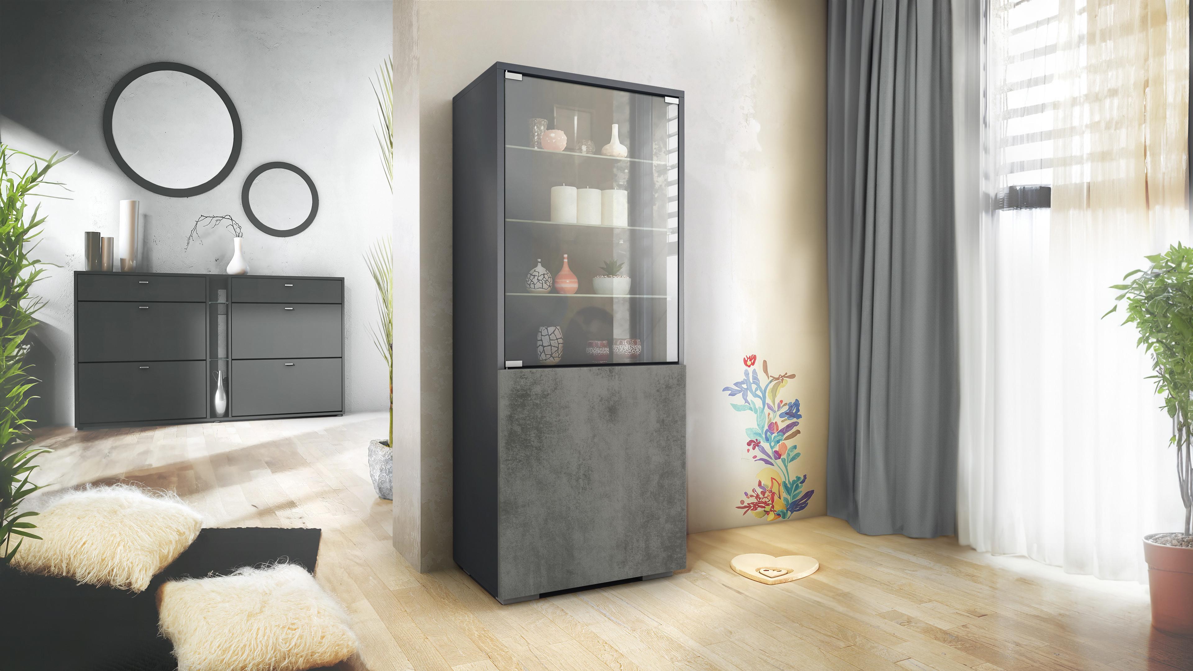 VITRINE Granada Beton Dunkel Optik Holzwerkstoff Vladon Möbel > Schränke > Vitrinen Grau