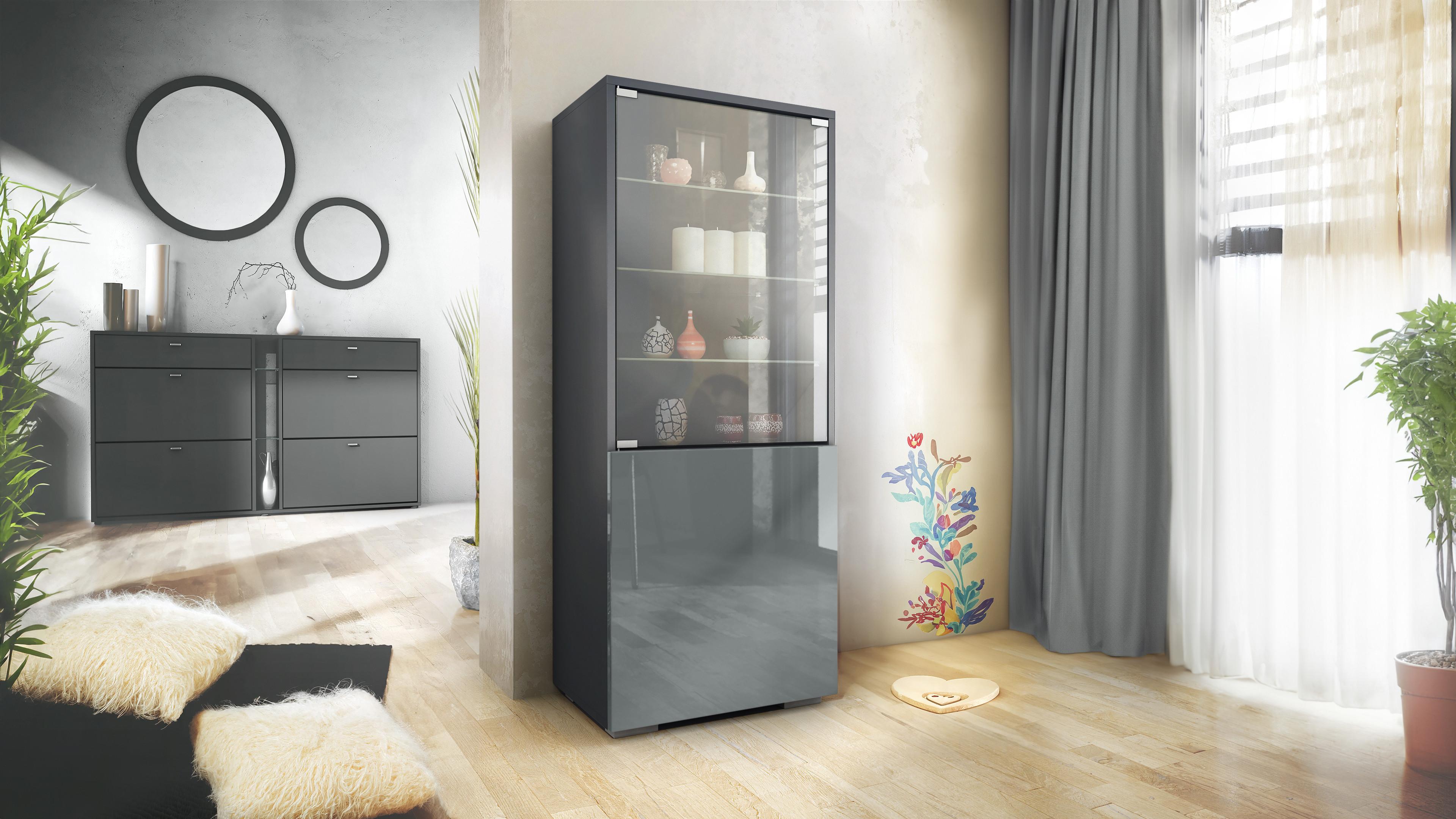 VITRINE Granada Grau Hochglanz Holzwerkstoff Vladon Möbel > Schränke > Vitrinen Grau