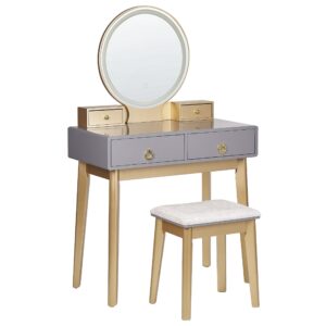 wohnli-moebel-suche-800000686923 Wohnli Möbelsuche - SCHMINKTISCH mit rundem LED-Spiegel Hocker 4 Schubladen grau/gold Fedry