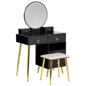 wohnli-moebel-suche-800000687110 Wohnli Möbelsuche - SCHMINKTISCH mit rundem LED-Spiegel Hocker 6 Schubladen schwarz/gold Yves