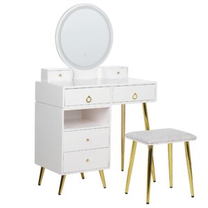 wohnli-moebel-suche-800000687112 Wohnli Möbelsuche - SCHMINKTISCH mit rundem LED-Spiegel Hocker 6 Schubladen weiß/gold Yves