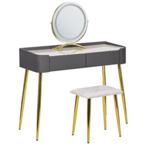 wohnli-moebel-suche-800000687339 Wohnli Möbelsuche - SCHMINKTISCH mit rundem LED-Spiegel Hocker 2 Schubladen grau/gold Surin