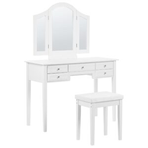 Wohnli Möbelsuche - SCHMINKTISCH 3-teiliger Klappspiegel Hocker 5 Schubladen weiß Lumiere