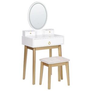 wohnli-moebel-suche-800000687348 Wohnli Möbelsuche - SCHMINKTISCH mit ovalem LED-Spiegel Hocker 3 Schubladen weiß/gold Rosey