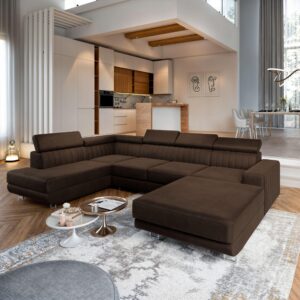 WOHNLANDSCHAFT SIENA L-S Braun Velours-Stoff mit Schlaffunktion Textil MASSENO Möbel > Sofas & Couches > Wohnlandschaften > Wohnlandschaften U-Form Braun