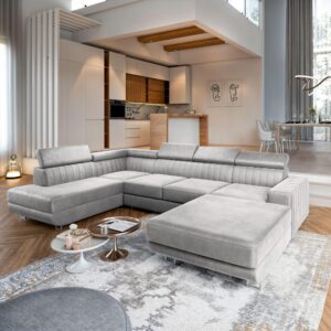 wohnli-moebel-suche-800000687617-1 WOHNLANDSCHAFT SIENA L-S Hellgrau Velours-Stoff mit Schlaffunktion Textil MASSENO Möbel > Sofas & Couches > Wohnlandschaften > Wohnlandschaften U-Form Grau