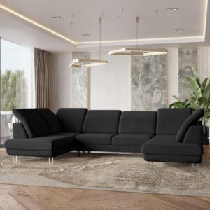 WOHNLANDSCHAFT TERAMO Schwarz Velours-Stoff mit Schlaffunktion Textil MASSENO Möbel > Sofas & Couches > Wohnlandschaften > Wohnlandschaften U-Form Schwarz
