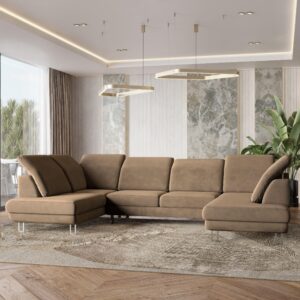 WOHNLANDSCHAFT TERAMO Beige Velours-Stoff mit Schlaffunktion Textil MASSENO Möbel > Sofas & Couches > Wohnlandschaften > Wohnlandschaften U-Form Beige
