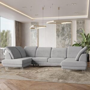 WOHNLANDSCHAFT TERAMO Hellgrau Velours-Stoff mit Schlaffunktion Textil MASSENO Möbel > Sofas & Couches > Wohnlandschaften > Wohnlandschaften U-Form Grau