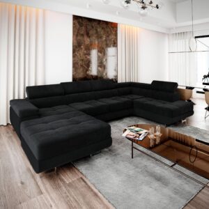 WOHNLANDSCHAFT CASONE R-S Schwarz Velours-Stoff mit Schlaffunktion Textil MASSENO Möbel > Sofas & Couches > Wohnlandschaften > Wohnlandschaften U-Form Schwarz