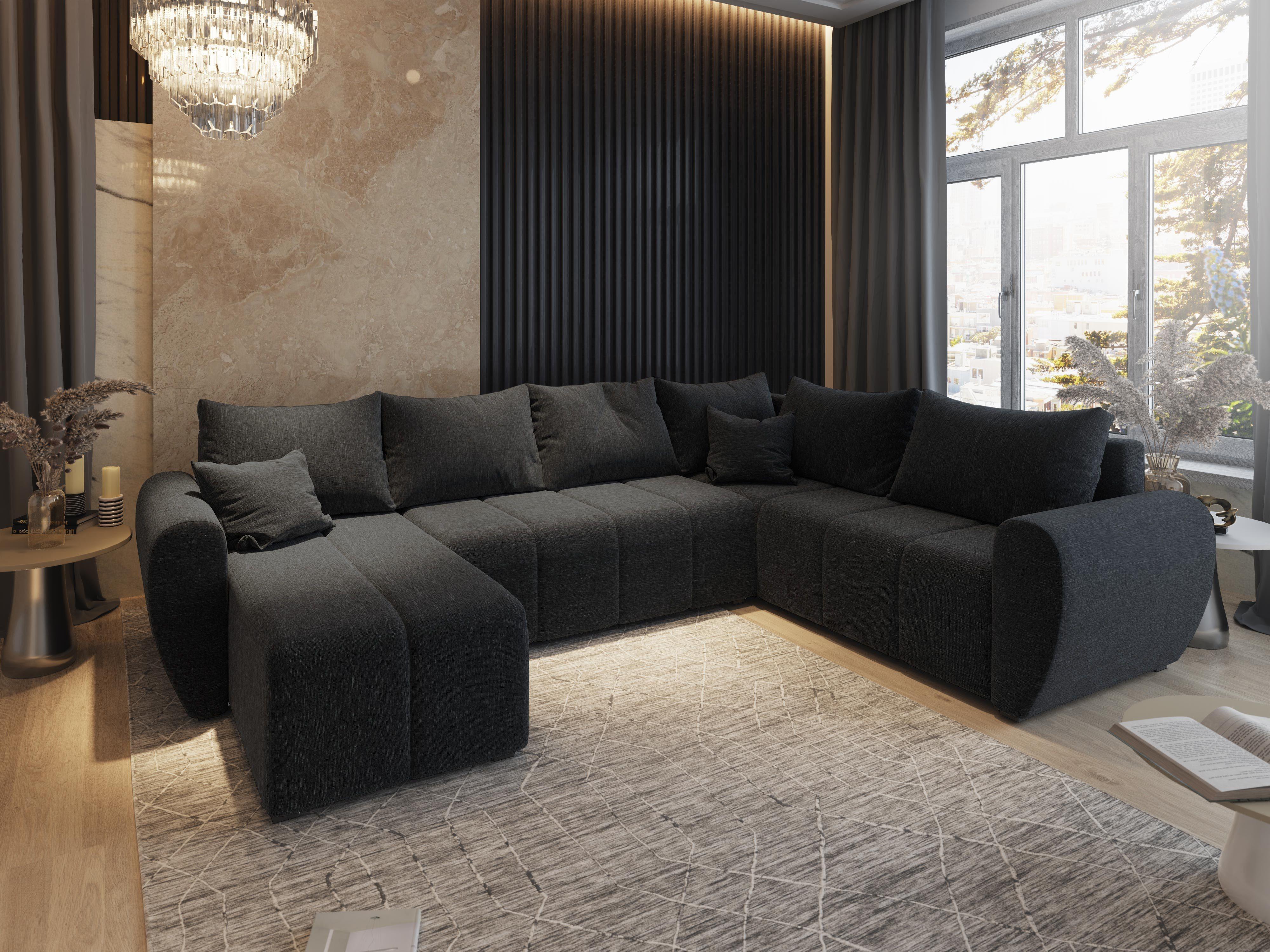 wohnli-moebel-suche-800000687975-1 WOHNLANDSCHAFT MADISON XL R-S Schwarz Dünner Stoff mit Schlaffunktion Textil MASSENO Möbel > Sofas & Couches > Wohnlandschaften > Wohnlandschaften U-Form Schwarz
