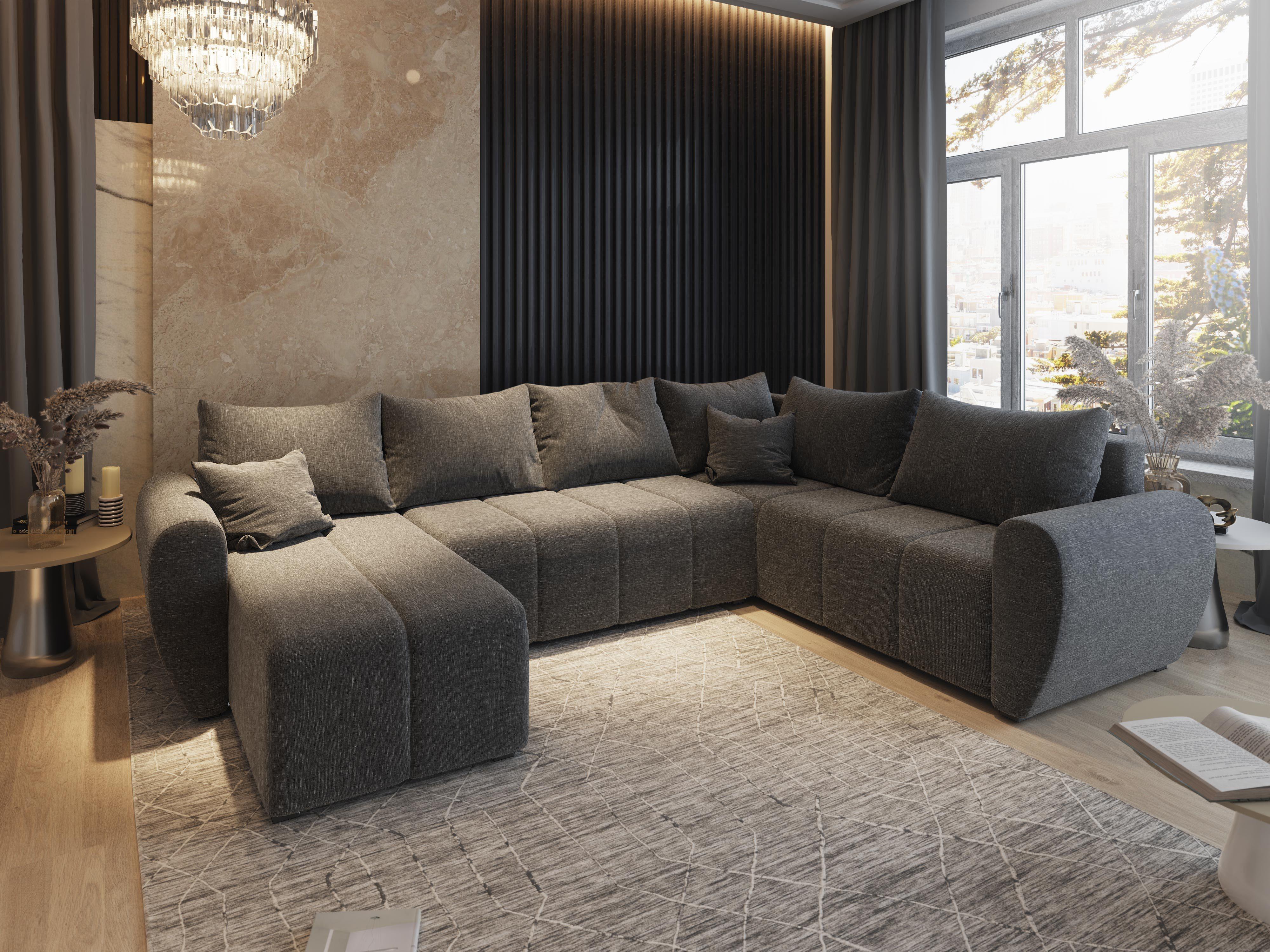 WOHNLANDSCHAFT MADISON XL R-S Grau Dünner Stoff mit Schlaffunktion Textil MASSENO Möbel > Sofas & Couches > Wohnlandschaften > Wohnlandschaften U-Form Grau