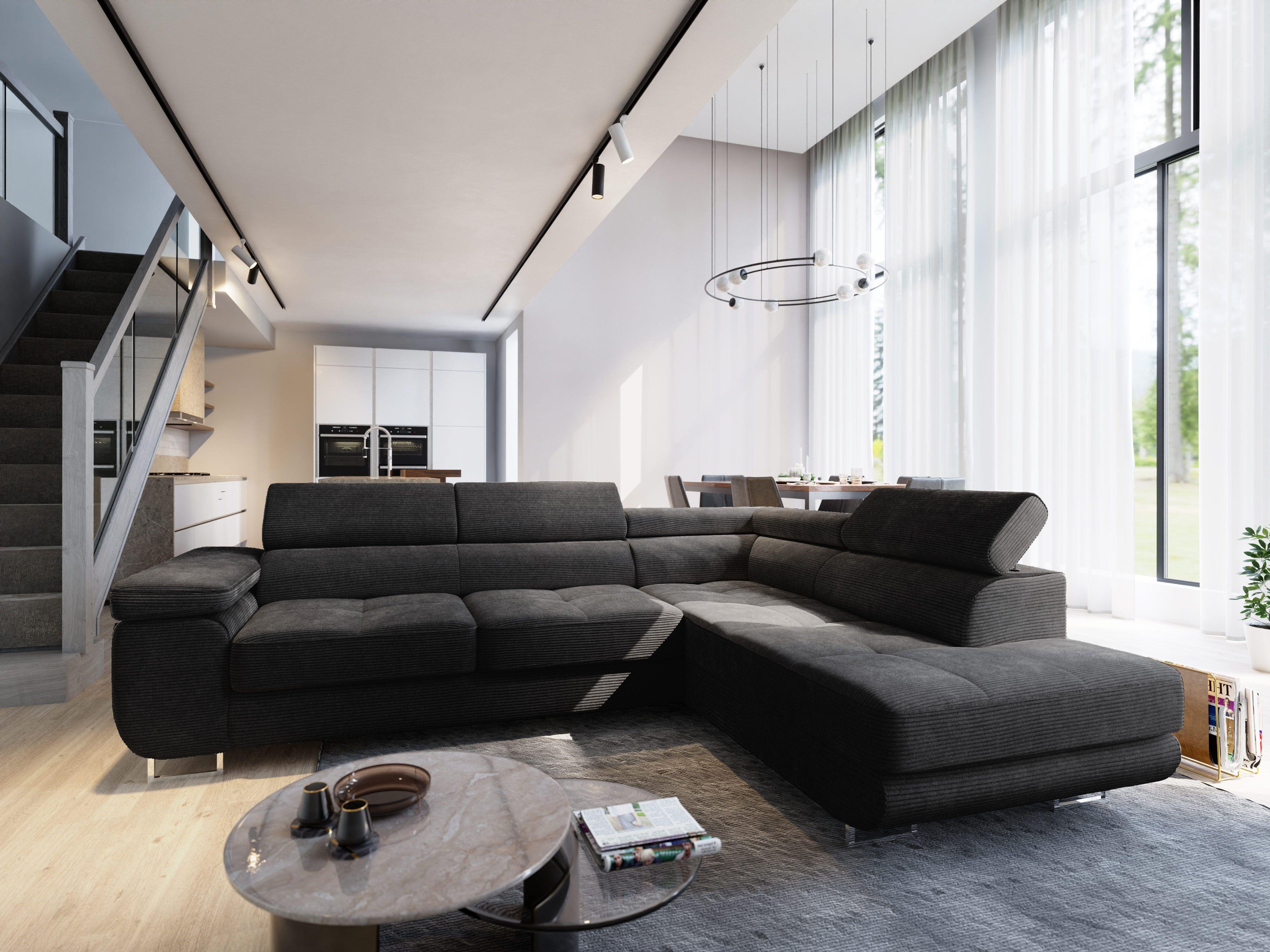 ECKSOFA APIRO R-S Schwarz Kordstoff mit Schlaffunktion Textil MASSENO Möbel > Sofas & Couches > Wohnlandschaften > Ecksofas Schwarz