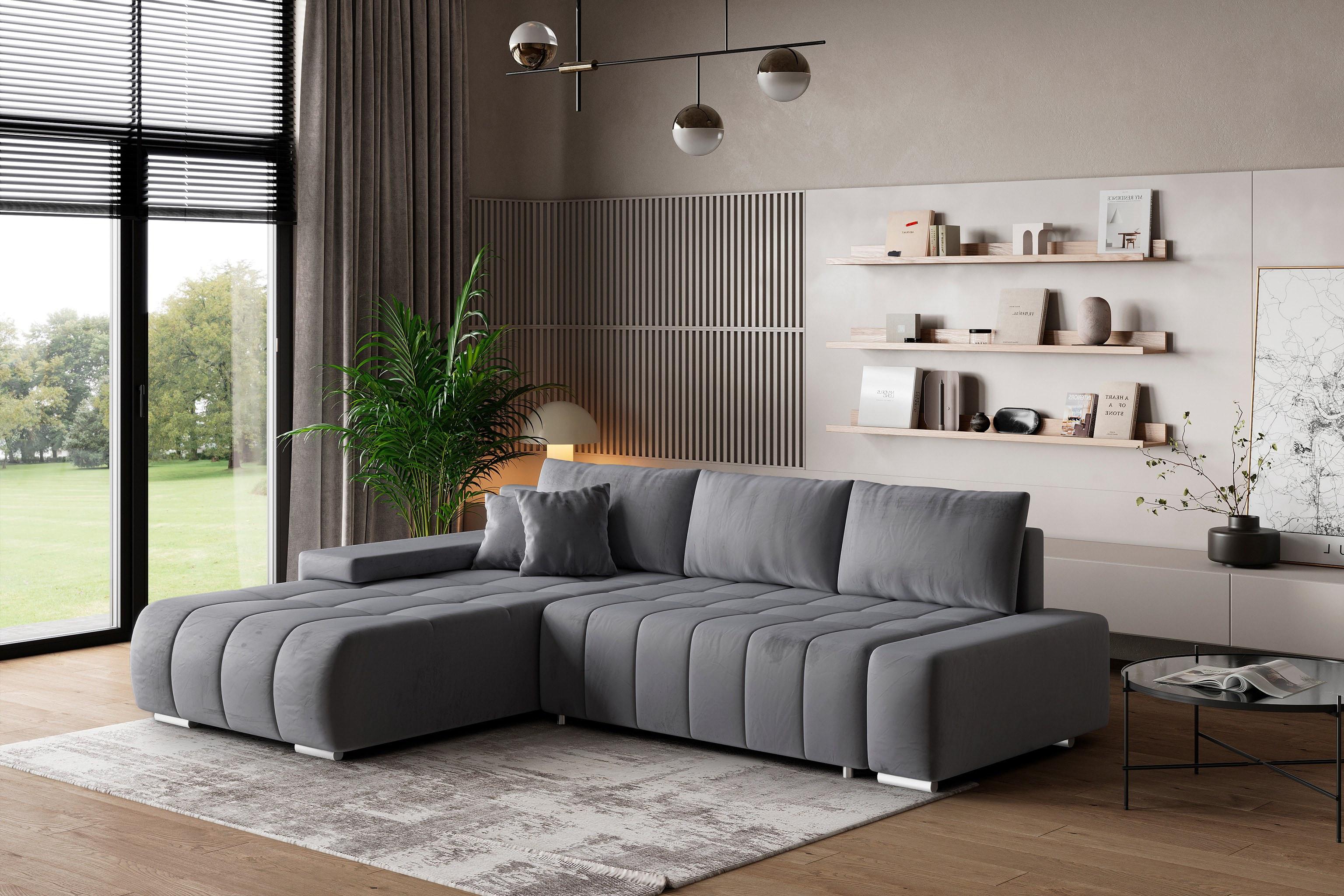 ECKSOFA ALESE L-S Grau Velours-Stoff mit Schlaffunktion Textil MASSENO Möbel > Sofas & Couches > Wohnlandschaften > Ecksofas Grau