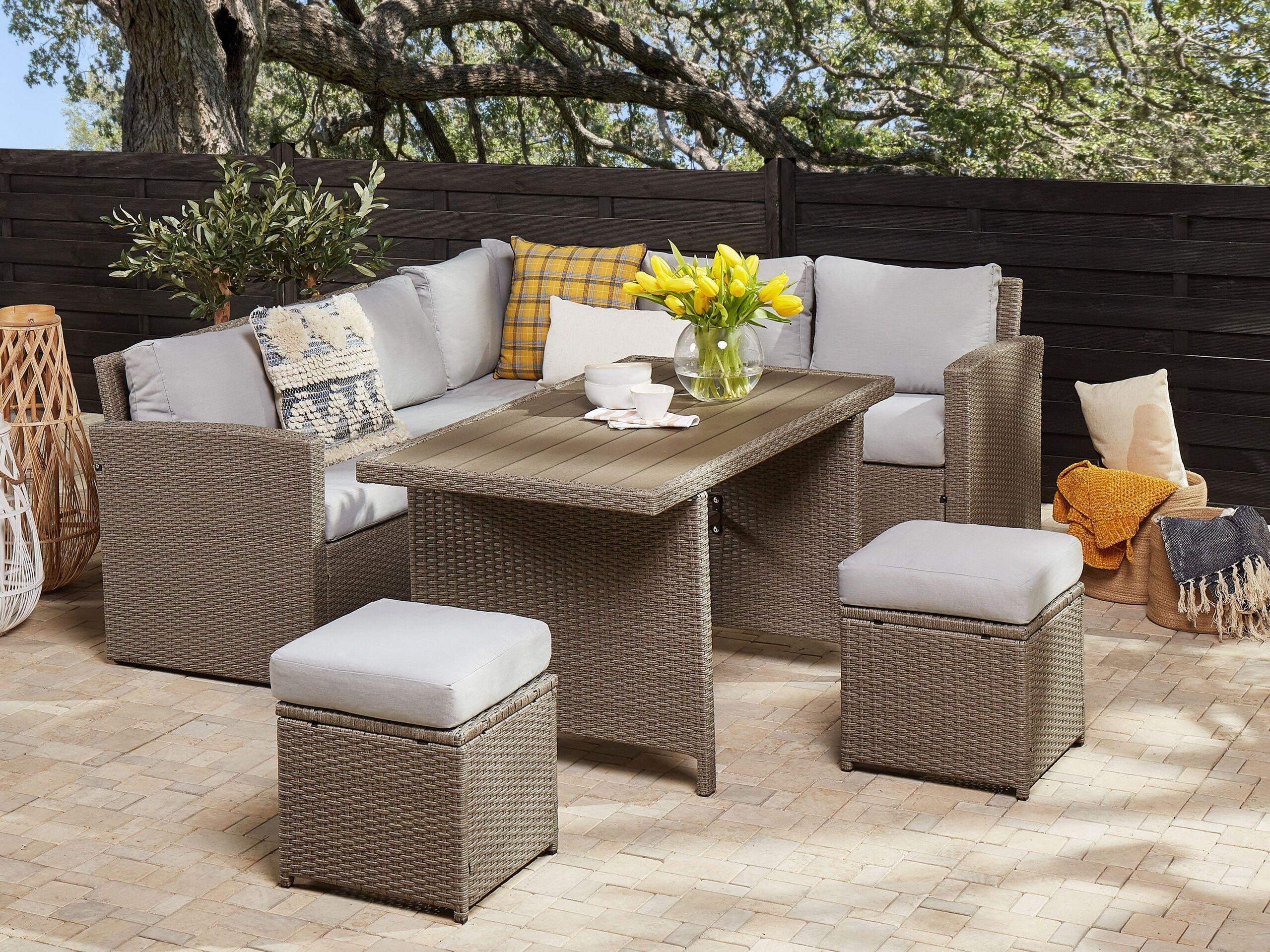 LOUNGE SET 5-Sitzer Rattan Auflagen hellgrau Bardi Kunststoff Beliani Garten & Outdoor > Gartenmöbel > Gartenmöbel-Sets Taupe