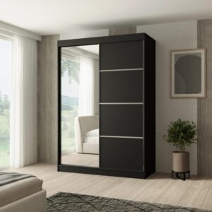 wohnli-moebel-suche-800000705195-1 SCHWEBETÜRENSCHRANK Paco 150/215/61 2-türig schwarz mit Spiegel Holzwerkstoff Beautysofa Möbel > Schränke > Kleiderschränke > Schwebetürenschränke Schwarz