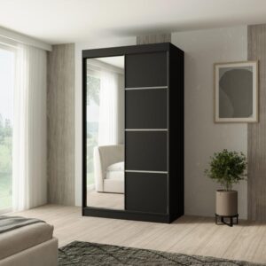 wohnli-moebel-suche-800000705290-1 SCHWEBETÜRENSCHRANK Paco 120/215/61 2-türig schwarz mit Spiegel Holzwerkstoff Beautysofa Möbel > Schränke > Kleiderschränke > Schwebetürenschränke Schwarz