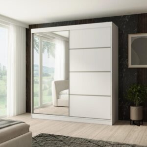wohnli-moebel-suche-800000705353-1 SCHWEBETÜRENSCHRANK Paco 200/215/61 2-türig weiß mit Spiegel Holzwerkstoff Beautysofa Möbel > Schränke > Kleiderschränke > Schwebetürenschränke Weiß