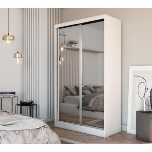 wohnli-moebel-suche-800000705598-1 SCHWEBETÜRENSCHRANK Debra 150/216/61 weiß mit Spiegel Holzwerkstoff Beautysofa Möbel > Schränke > Kleiderschränke > Schwebetürenschränke Weiß